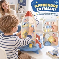 AIYAPLAY Cube d'Activités en Bois Thème Fusée, Cube Éducatif avec Trieur de Formes et Labyrinthe de Perles, pour 2 à 6 Ans(m-6)