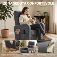 HOMCOM Sedia a Dondolo Imbottita in Tessuto Effetto Lino, Poggiapiedi, Schienale Alto, Gambe in Legno di Caucciù, Grigio(m-5)