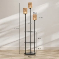 HOMCOM Lampă de podea Boho 3 becuri Lampă de podea 3 polițe Abajur din sfoară de hârtie Negru(m-3)