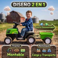AIYAPLAY Tractor Eléctrico para Niños con Remolque Desmontable 6V Luces Música Claxon Pedal para Niños 1-3 Años 2,5 km/h Verde(m-5)