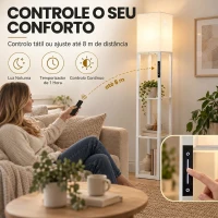 HOMCOM Candeeiro de Pé com 3 Prateleiras, LED Regulável, Controlo Tátil e Remoto, Abajur em Tecido, Lâmpada Incluída, Branco(m-6)