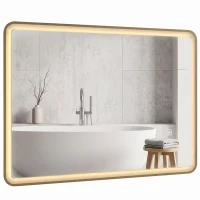 HOMCOM Bathroom Mirror with LED Lights, 100x70cm Rectangle Bathroom Mirror, Dimmable, Bluetooth, Anti-Fog, Gold Tone(m-15)