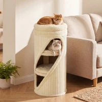 PawHut Arranhador 75 cm de Altura Ø35 cm Torre Arranhadora 4 Níveis com 3 Cavernas Cama de Pelúcia Removível e Lavável Superfície de Sisal(m-6)
