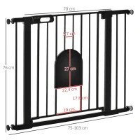 PawHut Dog Gate with Cat Flap Pet Safety Gate Barrier, Stair Pressure Fit, Auto Close, Double Locking, for Doorways, Hallways, 75-103 cm Black(m-3)