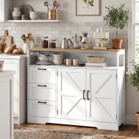 HOMCOM Aparador de Cozinha, Móvel de Arrumação com 3 Gavetas, 2 Portas Estilo Celeiro, Tampo e Compartimento Aberto, Branco(m-11)