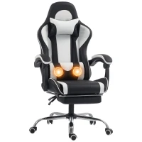 HOMCOM Cadeira Gaming Ergonômica Massagiante com Almofada Lombar Ajustável, Couro Sintético, Apoio para Pés, Branco(m-7)