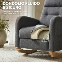 HOMCOM Sedia a Dondolo Imbottita in Tessuto Effetto Lino, Poggiapiedi, Schienale Alto, Gambe in Legno di Caucciù, Grigio(m-6)