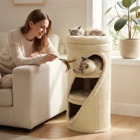 PawHut Arranhador 75 cm de Altura Ø35 cm Torre Arranhadora 4 Níveis com 3 Cavernas Cama de Pelúcia Removível e Lavável Superfície de Sisal(m-5)
