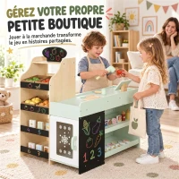 AIYAPLAY Marchande Enfants en Bois, Caisse Enregistreuse, Aliments Factices, Tableau Noir et 44 Accessoires, pour 3 à 6 Ans(m-4)