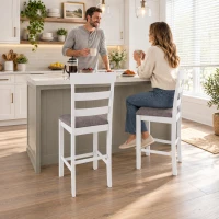 HOMCOM Set de 2 Taburete de Bar, Scaune de Bar din Lemn Masiv cu Șezut Tapițat Aspect In și Spătar, Alb și Maro(m-7)