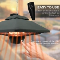 Outsunny Hanging Electric Patio Heater with 2 Power Settings, 1000/2000W Waterproof Ceiling Mounted Aluminium Halogen Infrared Outdoor Heater Warmer with LED Light and Remote Control, Black(m-4)