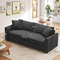 HOMCOM 3 Seater Sofa, 212cm Corduroy Couch with Spring Cushion, Wide and Deep Seat, Plush Backrest, 2 Pillows, Sofa Settee for Living Room, Home Office, Grey(m-4)