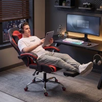 HOMCOM Chaise Gaming Ergonomique Massante avec Coussin Lombaire Réglable, Similicuir, Repose-pieds, Rouge(m-4)