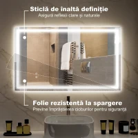 HOMCOM Oglindă de baie cu lumini LED reglabilă în 3 culori și strat antișoc, din sticlă și metal, 100x3x60 cm(m-6)