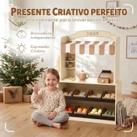 AIYAPLAY Supermercado Infantil de Madeira com Caixa Registadora, Jogo de Chá, Quadro, 8 Caixas e Toldo(m-9)