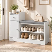 HOMCOM Bancă pentru încălțăminte cu pernuță, sertar și rafturi deschise bancă de hol 90x29,8x67,8cm Alb(m-2)