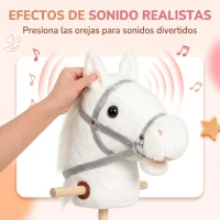 AIYAPLAY Cabeza de Caballo con Palo de Madera con Ruedas Sonidos de Cascos y Relinchos Asas de Agarre 95 cm Blanco(m-4)