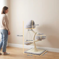 PawHut Rascador de 115 cm con diseño arbóreo, 2 camas lavables, hamaca y poste rascador de sisal, para gatos de hasta 6 kg(m-3)