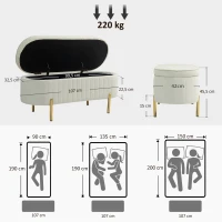 HOMCOM Panca Contenitore Ovale da 72L con Coperchio Sollevabile, in Tessuto Vellutato e Legno, 107x42x45.5 cm, Crema(m-3)