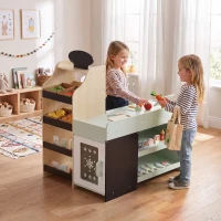 AIYAPLAY Marchande Enfants en Bois, Caisse Enregistreuse, Aliments Factices, Tableau Noir et 44 Accessoires, pour 3 à 6 Ans(m-15)