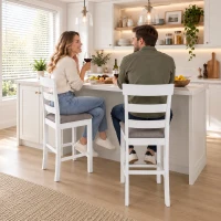 HOMCOM Set de 2 Taburete de Bar, Scaune de Bar din Lemn Masiv cu Șezut Tapițat Aspect In și Spătar, Alb și Maro(m-6)