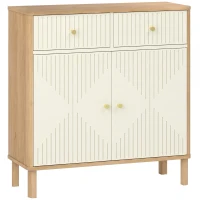 HOMCOM Bufet, corp de depozitare canelat cu blat cu aspect de stejar, 2 sertare, 2 uși, poliță reglabilă, 77x30x80cm, crem(m-1)
