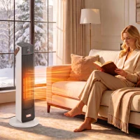 HOMCOM Portable Space Heater with Realistic Flame Effect, 2000W Ceramic Heater with Eco Mode, Adjustable Thermostat, Remote(m-2)