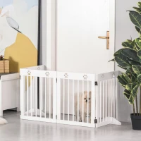 PawHut Barrera para Perros Plegable de 4 Paneles 204x61 cm Barrera de Seguridad para Perros Pequeños con Estructura de Madera y Patas de Apoyo para Pasillo Escalera Blanco(m-9)
