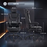 HOMCOM Scaun Gaming Ergonomic, Fotoliu Gaming Înclinabil din Piele Sintetică, Înălțime Reglabilă, Suport Cap 2D, Negru(m-3)