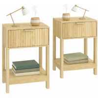 HOMCOM Set de 2 Noptiere, Măsuțe Laterale cu Sertar, Fațadă Canelată și Etajeră Deschisă, 40 x 30 x 60 cm, Stejar(m-10)