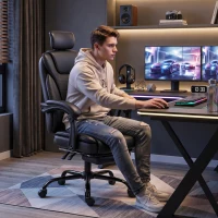 HOMCOM Scaun Gaming Ergonomic, Fotoliu Gaming Înclinabil din Piele Sintetică, Înălțime Reglabilă, Suport Cap 2D, Negru(m-5)