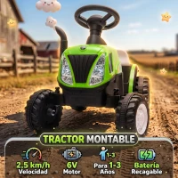 AIYAPLAY Tractor Eléctrico para Niños con Remolque Desmontable 6V Luces Música Claxon Pedal para Niños 1-3 Años 2,5 km/h Verde(m-4)
