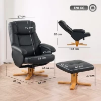 HOMCOM Sillón Relax con Reposapiés, Sillón de Relax Reclinable en PU, Giratorio 360°, Función Balanceo, Negro(m-3)