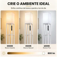 HOMCOM Candeeiro de Pé com 3 Prateleiras, LED Regulável, Controlo Tátil e Remoto, Abajur em Tecido, Lâmpada Incluída, Branco(m-5)