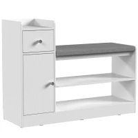HOMCOM Banco para Zapatos con Cajón y Armario, Banco de Almacenamiento con Cojín, Estilo Nórdico, 90x29,8x67,8cm, Blanco y Gris(m-1)