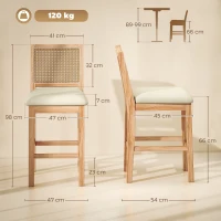 HOMCOM Set de 2 taburete de bar, scaune cu spătar cu efect ratan, șezut tapițat din chenilă de 66H cm, crem(m-3)