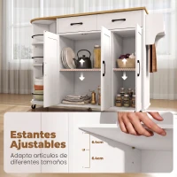 HOMCOM Isla de Cocina con 5 Ruedas Encimera Extensible 3 Estantes Giratorios 360° 2 Cajones 3 Puertas Toallero Blanco(m-7)