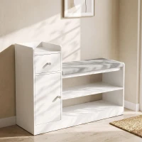 HOMCOM Banco para Zapatos con Cajón y Armario, Banco de Almacenamiento con Cojín, Estilo Nórdico, 90x29,8x67,8cm, Blanco y Gris(m-2)