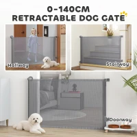 PawHut Retractable Dog Gate, Extends to 140 cm Wide & 93 cm Tall, Mesh Pet Gate with Single Hand Operation, for Stairs Doorways(m-4)