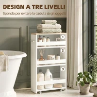 kleankin Carrello Bagno Salvaspazio a 3 Ripiani con Rotelle e Maniglia in Legno, 48x15x80cm, Bianco(m-4)