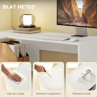 HOMCOM Birou în Formă de L pentru Computer, 110x100 cm, Birou cu Raft și Sertar din Material Textil, Masă PC pentru Dormitor, Birou și Cameră de Studiu, Alb(m-6)