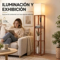 HOMCOM Lámpara de Pie con 3 Estantes Luz LED Regulable Control Táctil y Remoto Pantalla de Tela Bombilla Incluida Marrón(m-4)