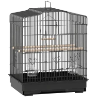 PawHut Cage pour Petits Oiseaux Portable avec Poignée, Plateau Amovible et 5 Portes, Perchoirs et Balançoire, Noir(m-1)