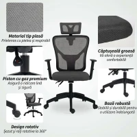 Vinsetto Scaun de birou ergonomic și reglabil cu suport lombar și tetieră, 66x61x106-116 cm, gri(m-5)