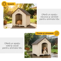 PawHut Căsuță pentru Câini de Exterior, Talie Medie și Mare, Căsuță din Plastic Impermeabilă cu Bază Ridicată, Ferestre și Acoperiș Înclinat pentru Grădină, Balcon, Terasă, 88x78x89 cm, Bej(m-6)