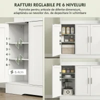 HOMCOM Servantă de Bucătărie înaltă de 180 cm, Dulap Dispensa cu 4 Dulapuri, Uși din Sticlă Securizată, 2 Rafturi Deschise, Rafturi Reglabile, Blat pentru Cuptorul cu Microunde, pentru Sala de Prânz sau Living, Alb(m-5)