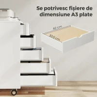 HOMCOM Dulap de Birou cu 5 Sertare pentru Documente A3, Roți și Blocare, 50x40x67,5 cm, Alb(m-5)