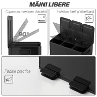 HOMCOM Bidone Immondizia a 3 Sezioni da 20L con Chiusura Silenziosa, in Acciaio Inox e PP, 61.9x36.6x56.7 cm, Nero(m-6)