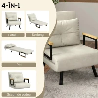 HOMCOM Fotoliu Pat 3 în 1 cu Spătar Reglabil și Pernă, din Material cu Efect de Catifea, 63x73x81 cm, Crem(m-4)