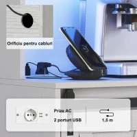 HOMCOM Bufet Bucătărie cu Prize Electrice, Lumină LED, Suport pentru Sticle și Uși Glisante, 100x38x180 cm, Alb(m-5)